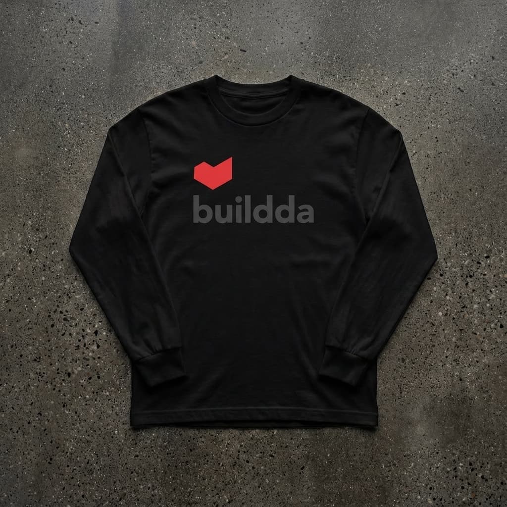 Buildda long sleeve tee in black with red logo on center chest