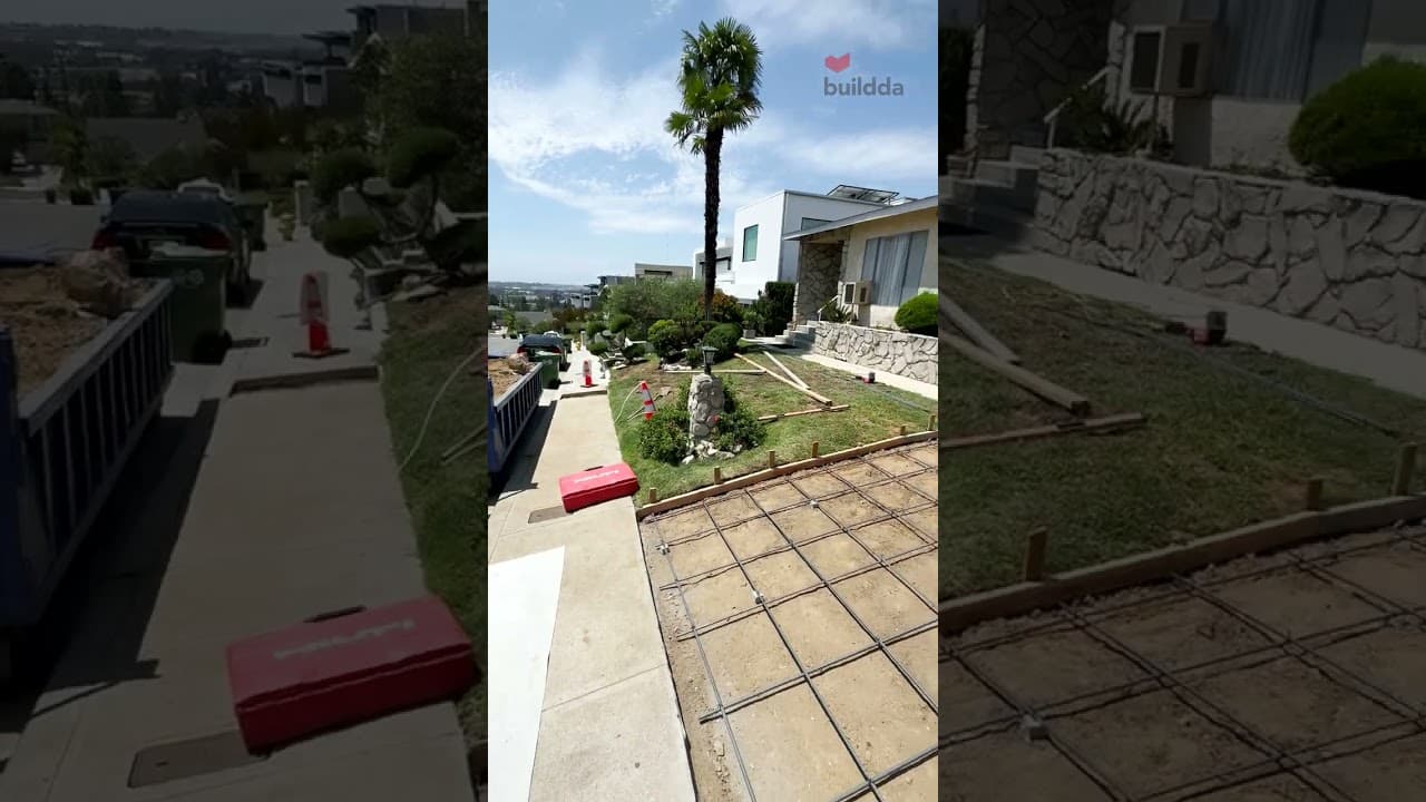 The whole driveway in 17 seconds: old asphalt out, sidewalk cut for the drain, pour, broom pass.